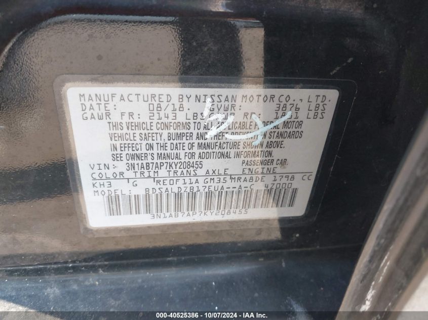 3N1AB7AP7KY208455 2019 Nissan Sentra S/Sv/Sr/Sl