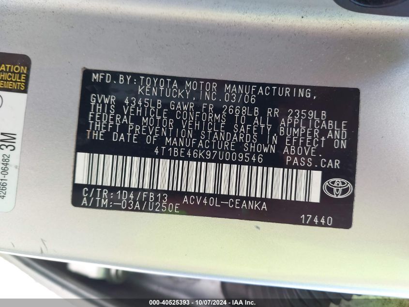 4T1BE46K97U009546 2007 Toyota Camry Le