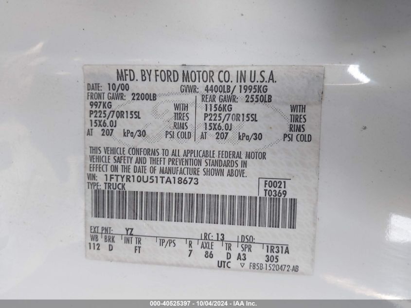 1FTYR10U51TA18673 2001 Ford Ranger Edge/Xl/Xlt