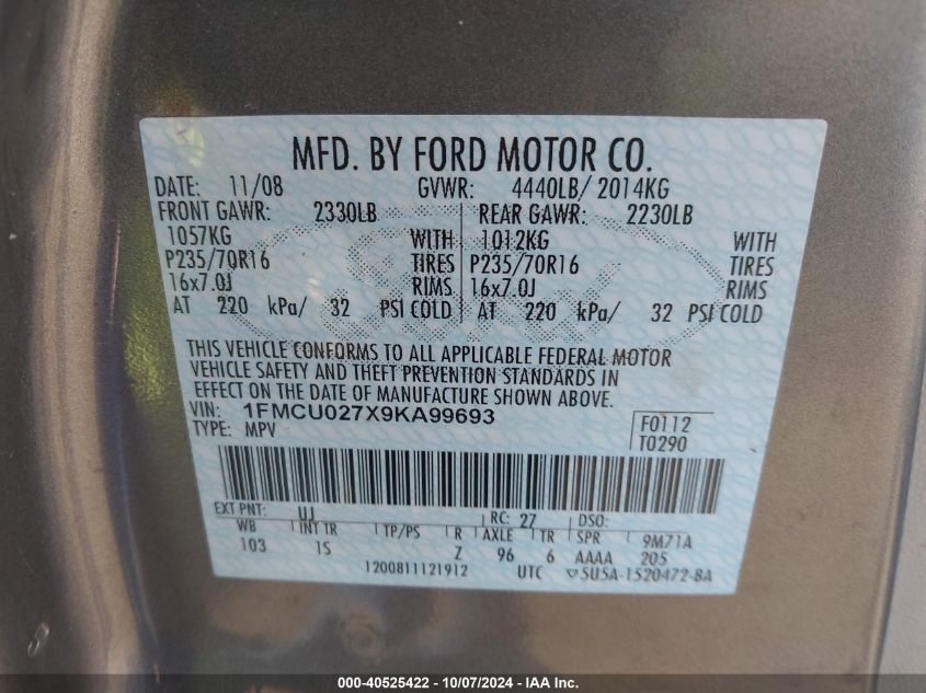 1FMCU027X9KA99693 2009 Ford Escape Xls