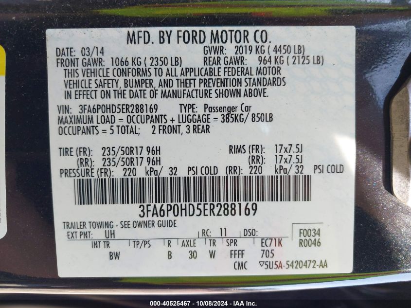 2014 Ford Fusion Se VIN: 3FA6P0HD5ER288169 Lot: 40525467