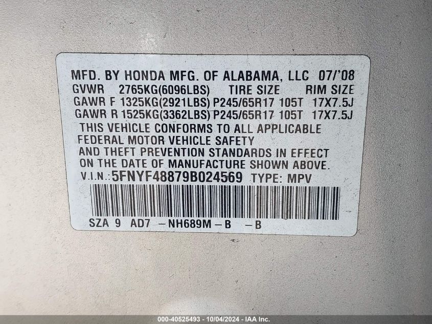 2009 Honda Pilot Touring VIN: 5FNYF48879B024569 Lot: 40525493