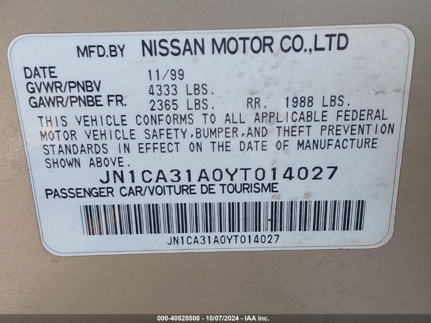 JN1CA31A0YT014027 2000 Nissan Maxima Gle/Gxe/Se