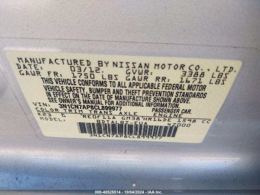 3N1CN7AP8CL899977 2012 Nissan Versa 1.6 Sv