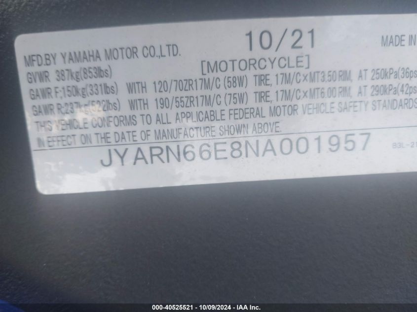 2022 Yamaha Yzfr1 VIN: JYARN66E8NA001957 Lot: 40525521