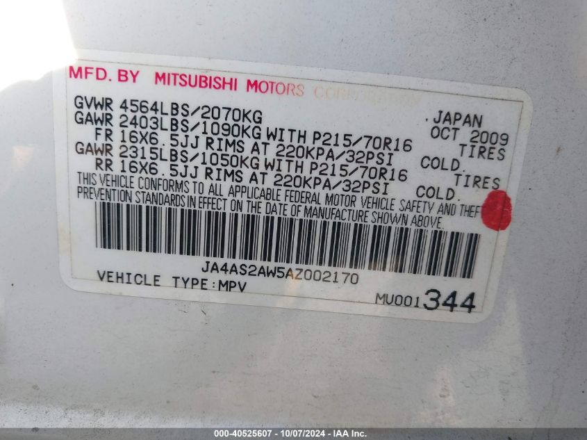 2010 Mitsubishi Outlander Es VIN: JA4AS2AW5AZ002170 Lot: 40525607