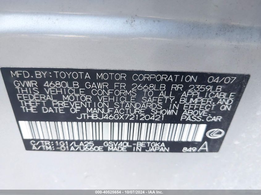 JTHBJ46GX72120421 2007 Lexus Es 350