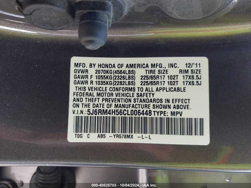 2012 Honda Cr-V Ex VIN: 5J6RM4H56CL006448 Lot: 40525703