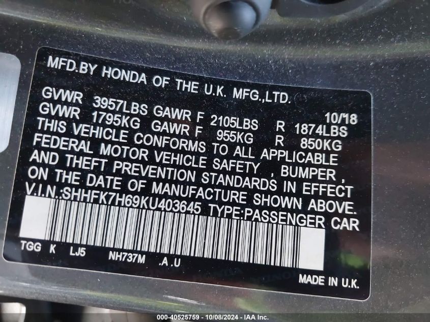 SHHFK7H69KU403645 2019 Honda Civic Ex