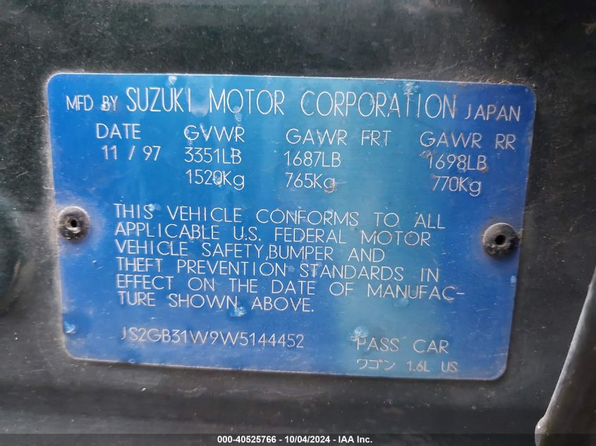 1998 Suzuki Esteem Gl/Glx VIN: JS2GB31W9W5144452 Lot: 40525766