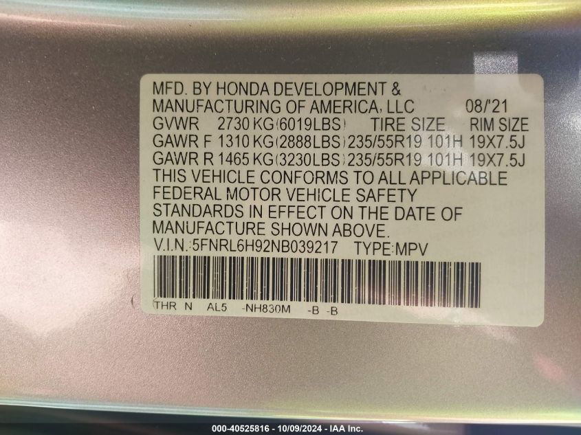 2022 Honda Odyssey Elite VIN: 5FNRL6H92NB039217 Lot: 40525816