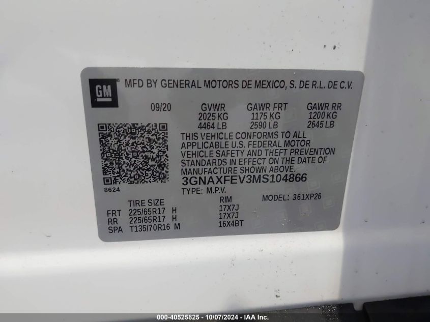 2021 Chevrolet Equinox VIN: 3GNAXFEV3MS104866 Lot: 40525825