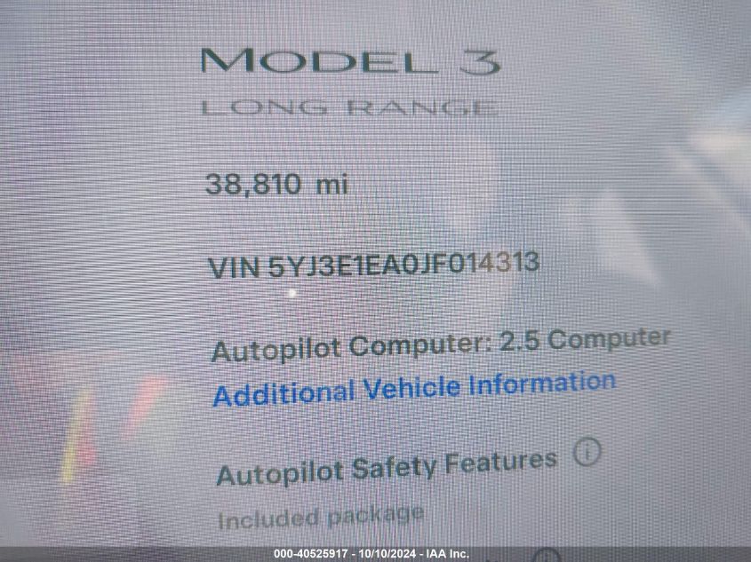 2018 Tesla Model 3 Long Range/Mid Range VIN: 5YJ3E1EA0JF014313 Lot: 40525917