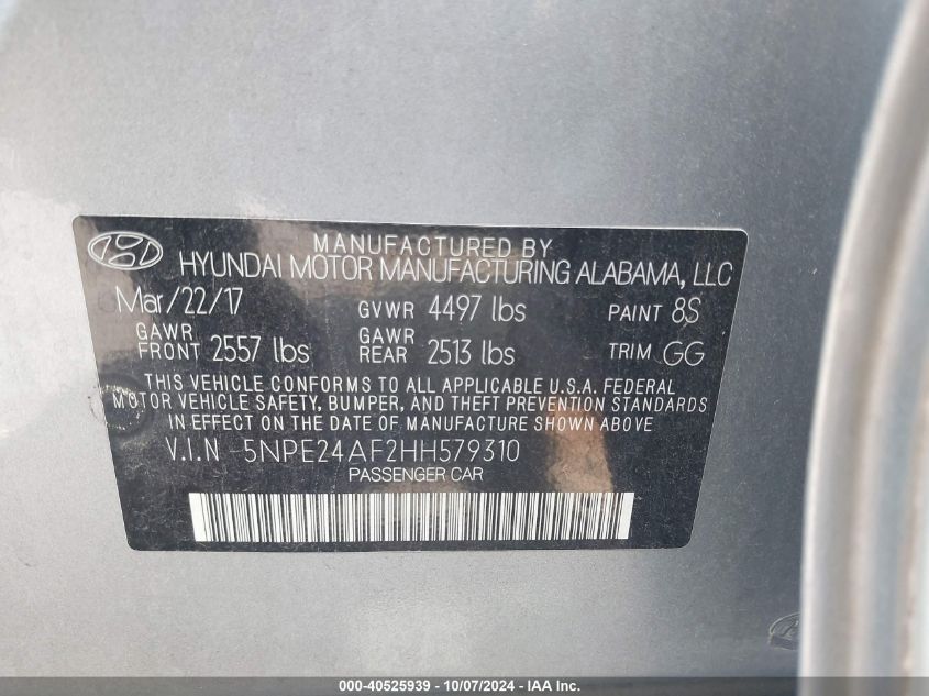 5NPE24AF2HH579310 2017 Hyundai Sonata Se