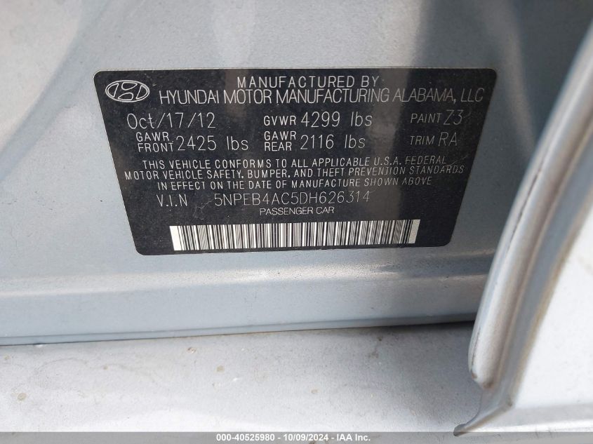 5NPEB4AC5DH626314 2013 Hyundai Sonata Gls