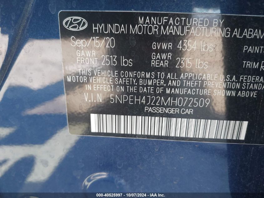 2021 Hyundai Sonata Limited VIN: 5NPEH4J22MH072509 Lot: 40525997