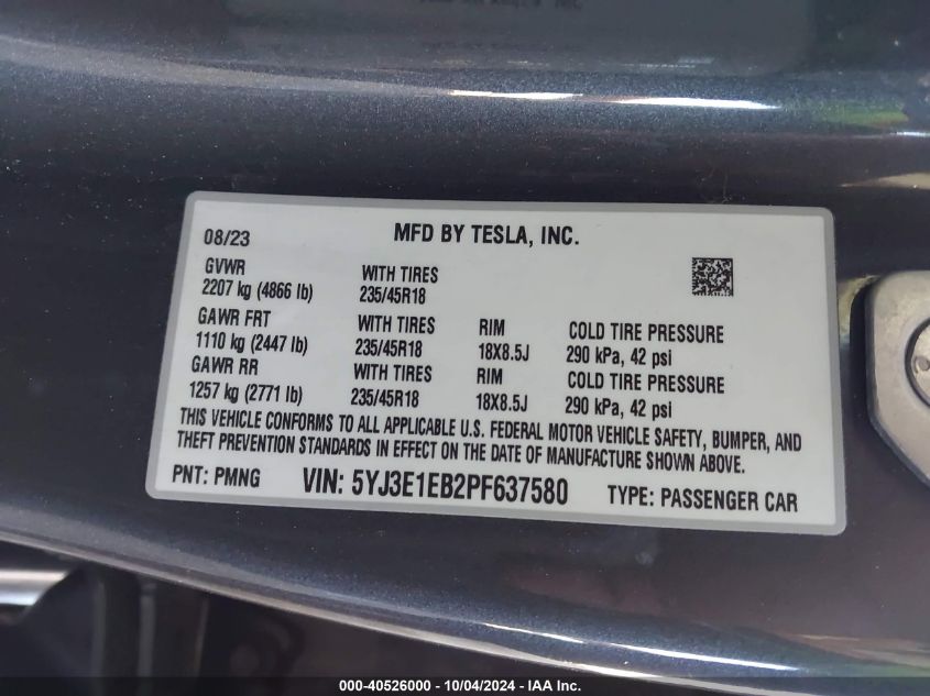 2023 Tesla Model 3 Long Range Dual Motor All-Wheel Drive VIN: 5YJ3E1EB2PF637580 Lot: 40526000