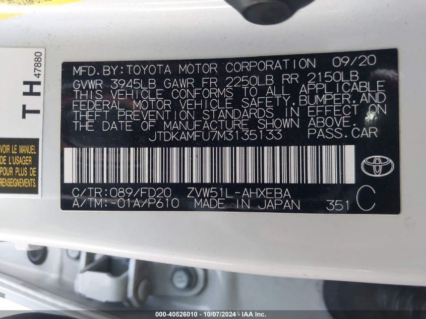 JTDKAMFU7M3135133 2021 Toyota Prius Le