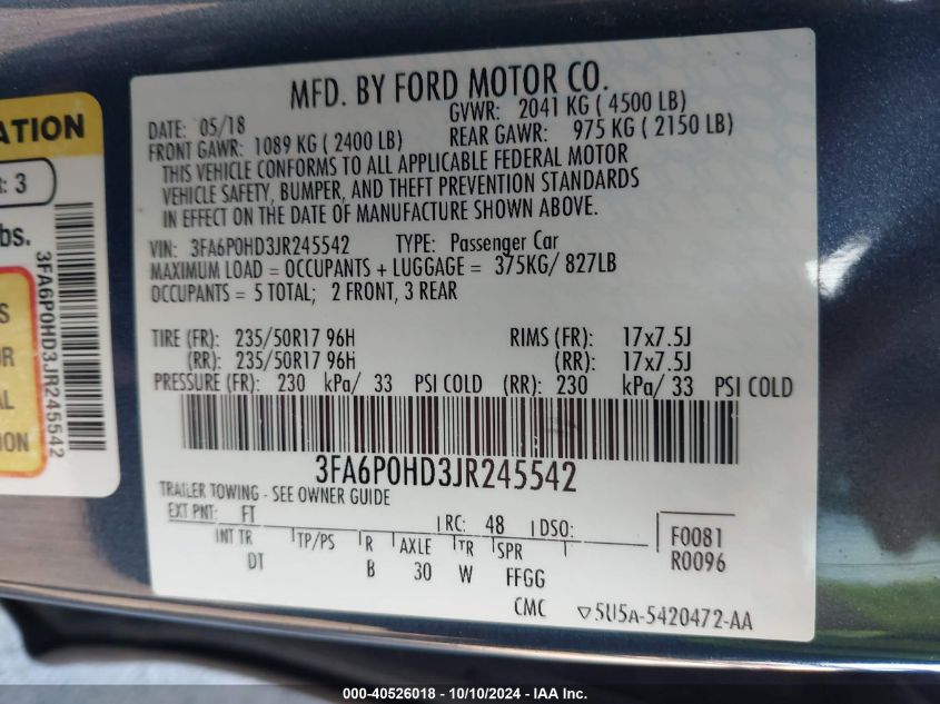 2018 FORD FUSION SE - 3FA6P0HD3JR245542