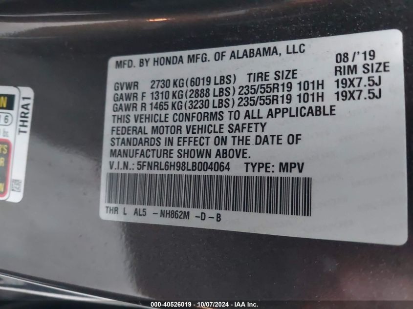 2020 Honda Odyssey Elite VIN: 5FNRL6H98LB004064 Lot: 40526019