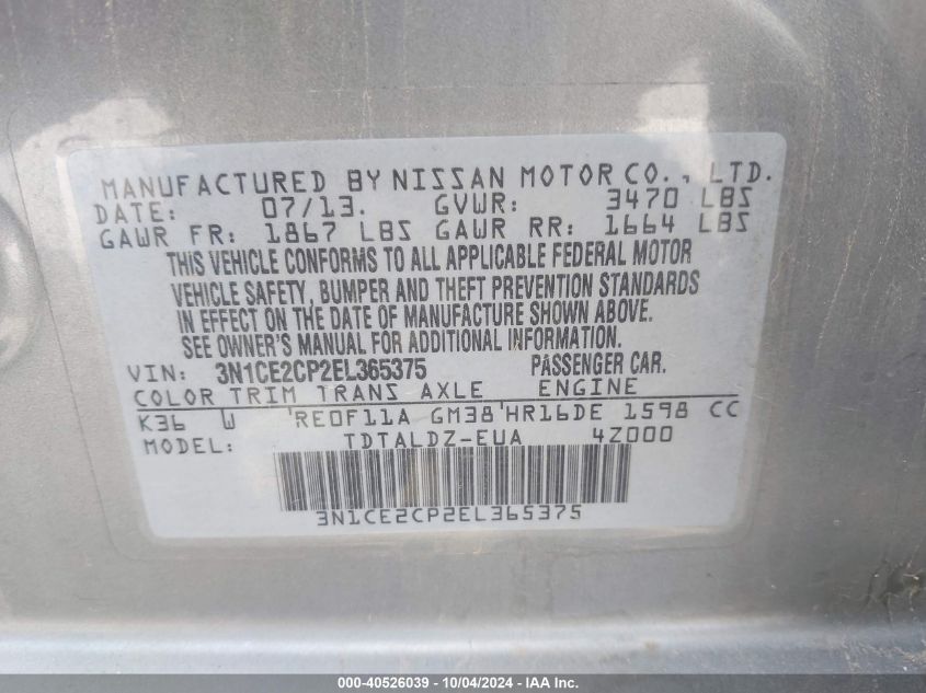 3N1CE2CP2EL365375 2014 Nissan Versa Note Sv