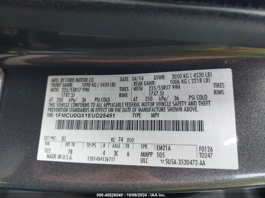 1FMCU0GX1EUD25451 2014 Ford Escape Se