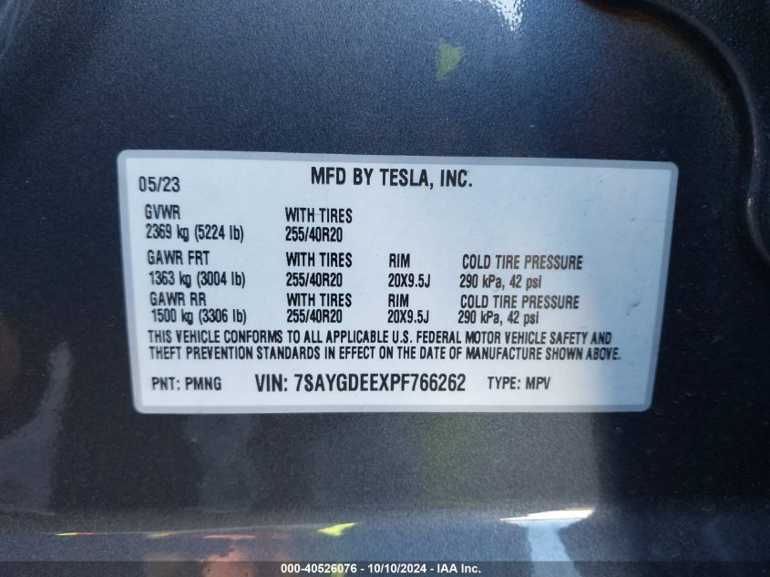 2023 Tesla Model Y Awd/Long Range Dual Motor All-Wheel Drive VIN: 7SAYGDEEXPF766262 Lot: 40526076