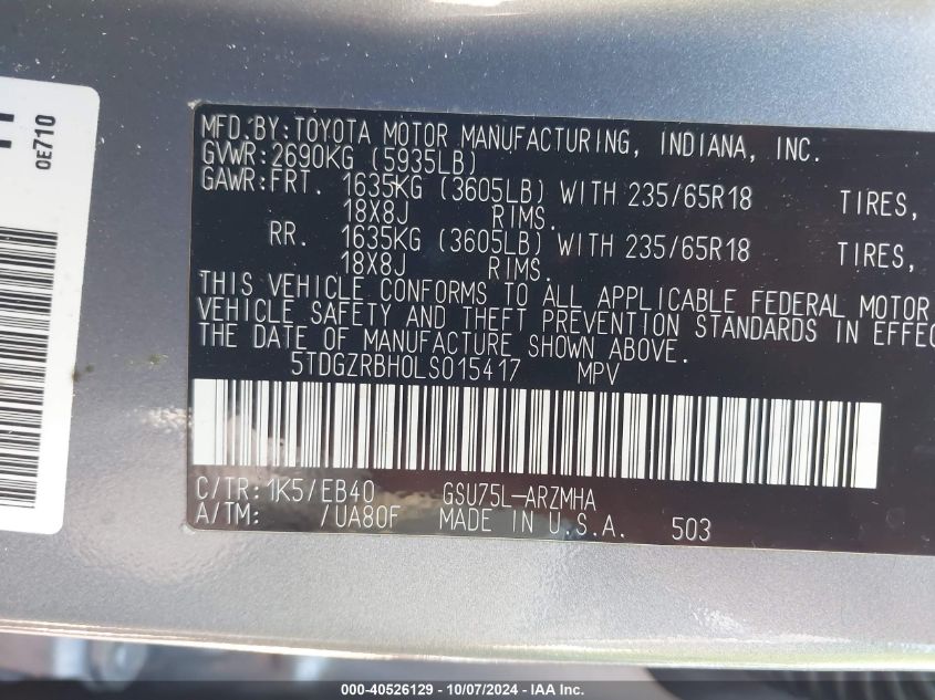 5TDGZRBH0LS015417 2020 Toyota Highlander Xle