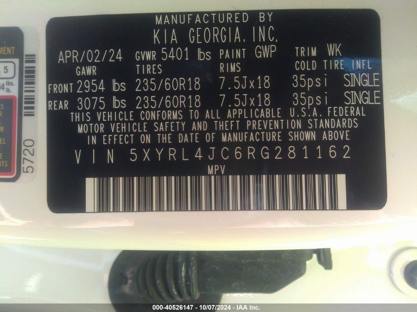 5XYRL4JC6RG281162 2024 Kia Sorento S