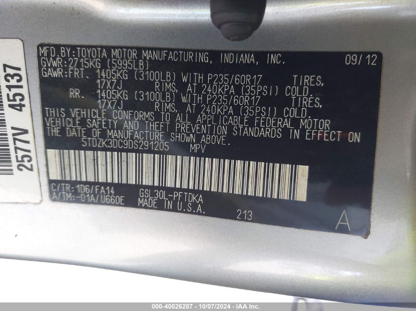 5TDZK3DC9DS291205 2013 Toyota Sienna L V6 7 Passenger