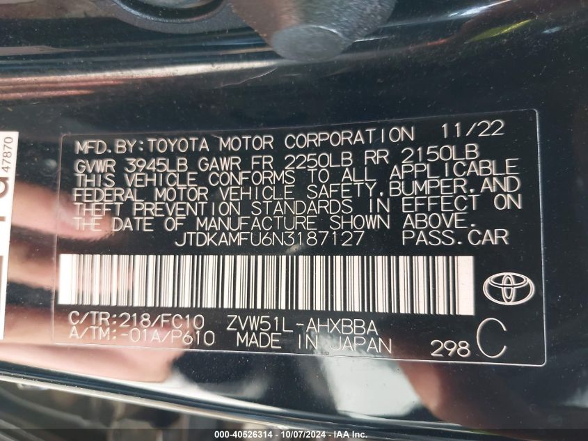 JTDKAMFU6N3187127 2022 Toyota Prius L