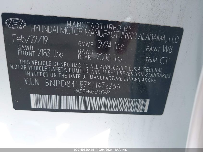 5NPD84LF7KH472266 2019 Hyundai Elantra Limited