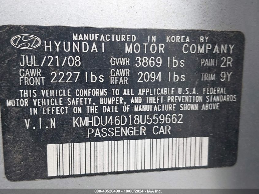 KMHDU46D18U559662 2008 Hyundai Elantra Gls/Se