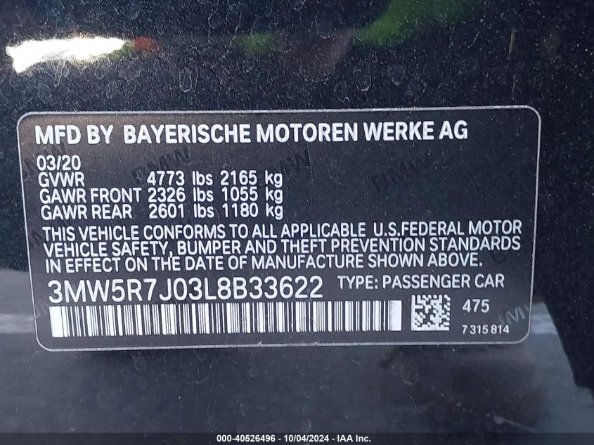 2020 BMW 330I xDrive VIN: 3MW5R7J03L8B33622 Lot: 40526496