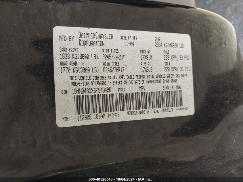 1D4HB48DX5F549496 2005 Dodge Durango Slt