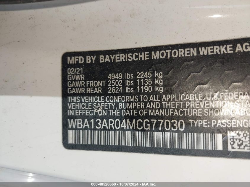 2021 BMW M440Xi VIN: WBA13AR04MCG77030 Lot: 40526660