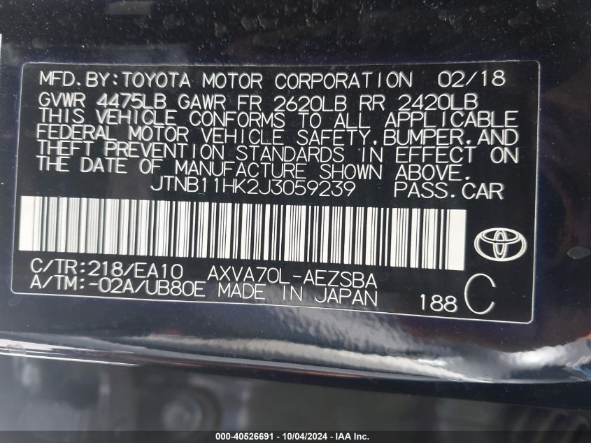 2018 Toyota Camry Se VIN: JTNB11HK2J3059239 Lot: 40526691