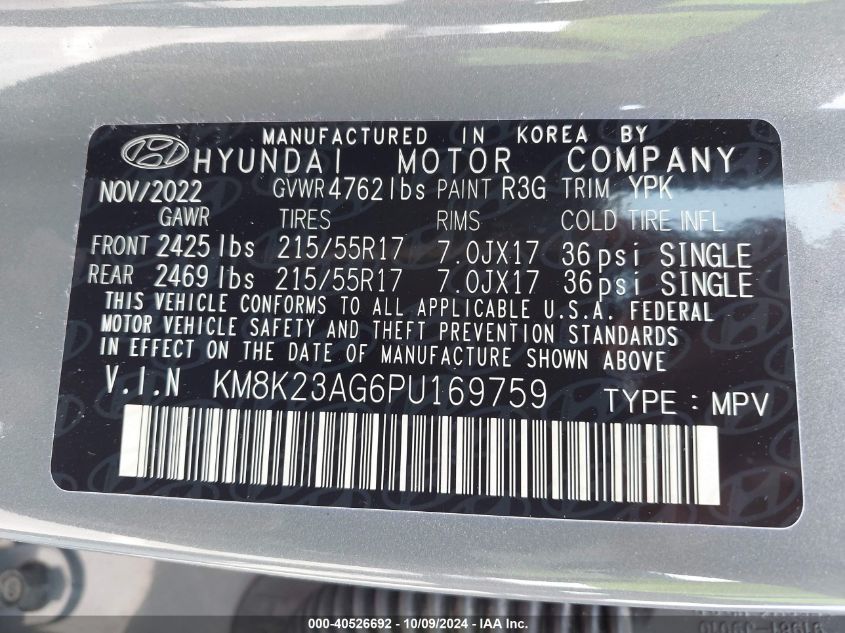 2023 Hyundai Kona Electric Se VIN: KM8K23AG6PU169759 Lot: 40526692