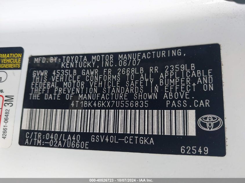 4T1BK46KX7U556835 2007 Toyota Camry Le/Xle/Se