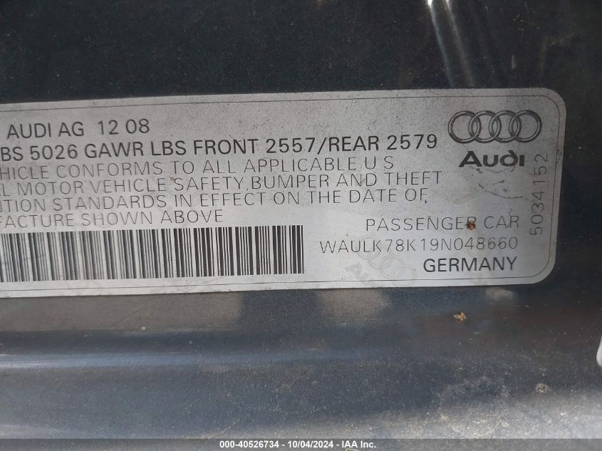 2009 Audi A4 3.2 Premium Plus VIN: WAULK78K19N048660 Lot: 40526734