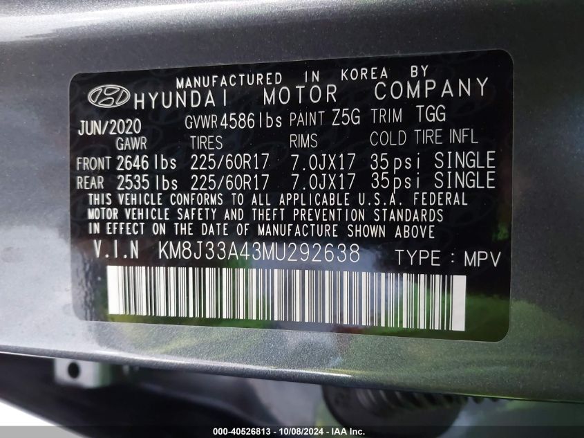 2021 Hyundai Tucson Value VIN: KM8J33A43MU292638 Lot: 40526813