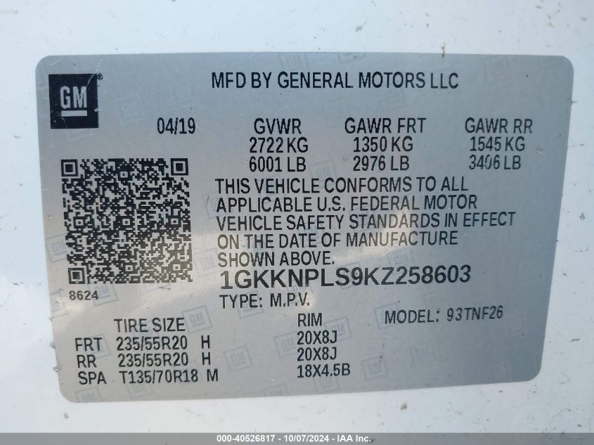 1GKKNPLS9KZ258603 2019 GMC Acadia Denali