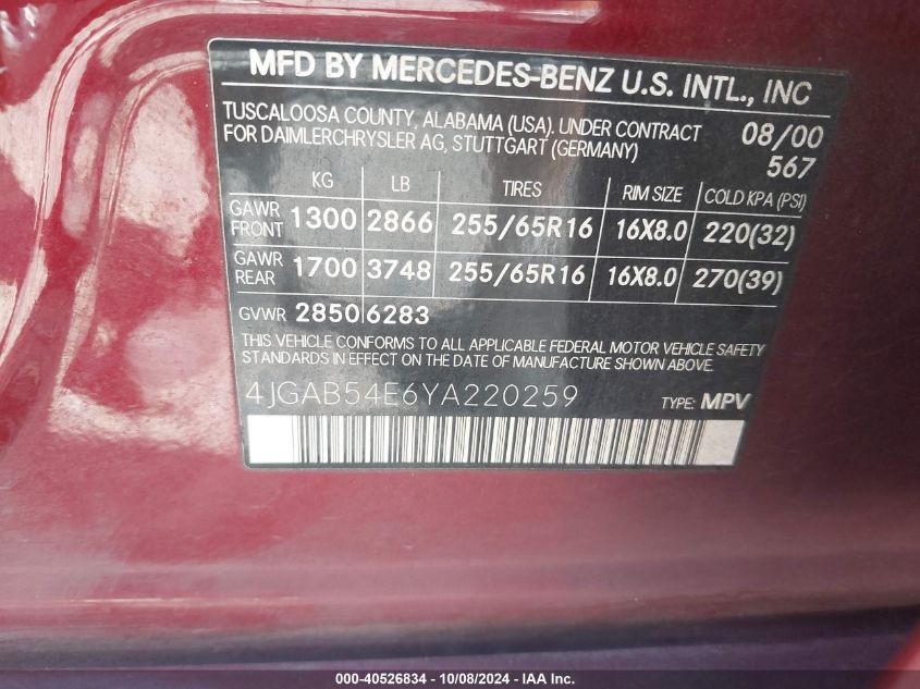 4JGAB54E6YA220259 2000 Mercedes-Benz Ml 320 320