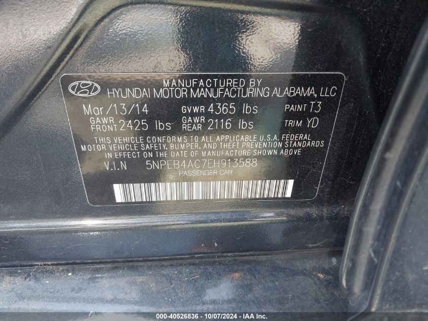 5NPEB4AC7EH913588 2014 Hyundai Sonata Gls