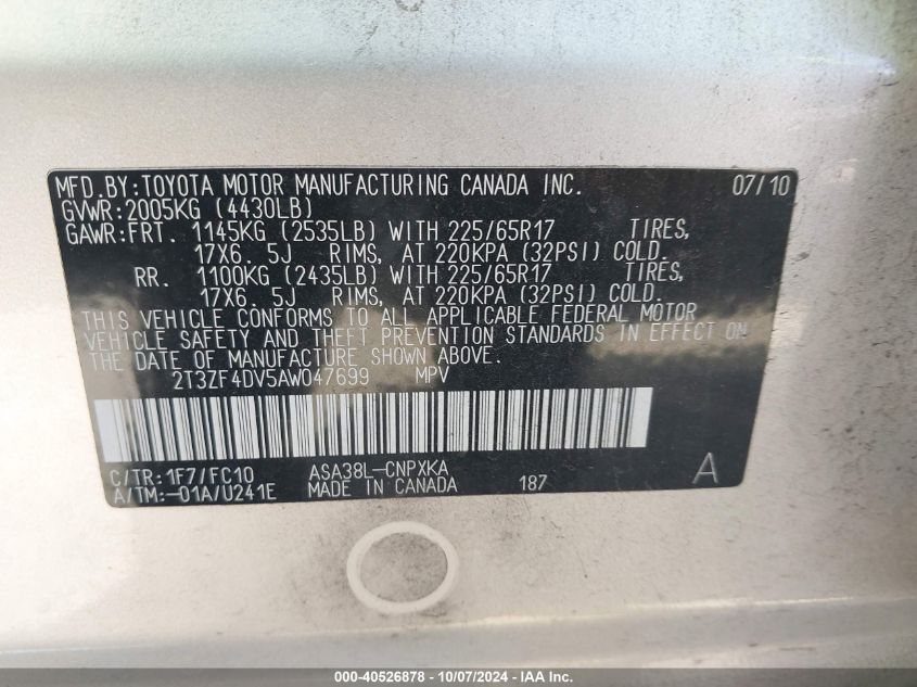 2T3ZF4DV5AW047699 2010 Toyota Rav4