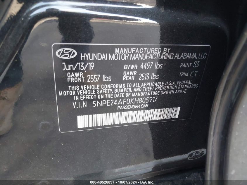 5NPE24AF0KH805917 2019 Hyundai Sonata Se