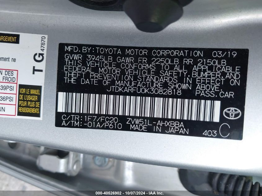 JTDKARFU0K3082818 2019 Toyota Prius L Eco