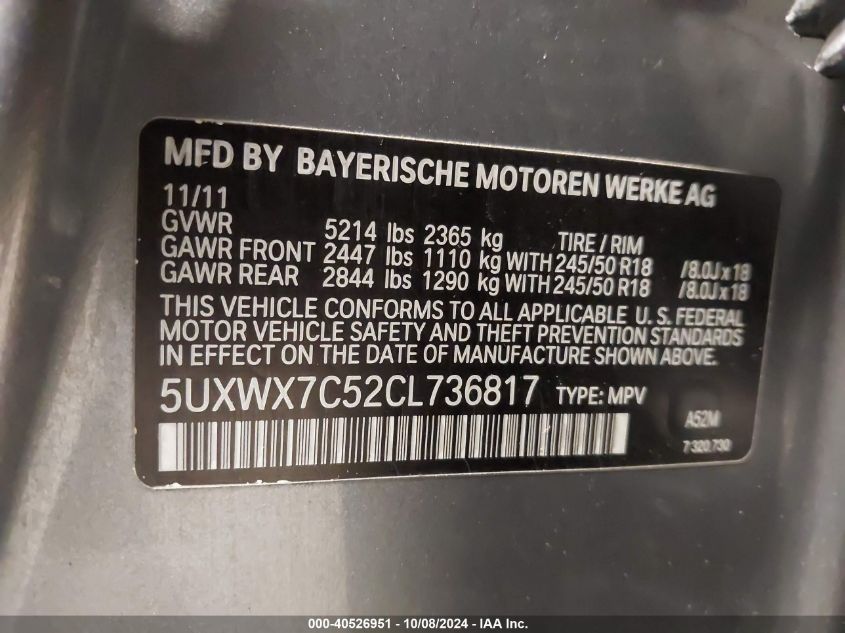 5UXWX7C52CL736817 2012 BMW X3 xDrive35I