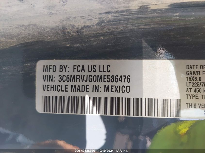 2021 Ram Promaster 3500 Cargo Van High Roof 159 Wb Ext VIN: 3C6MRVJG0ME586476 Lot: 40526966