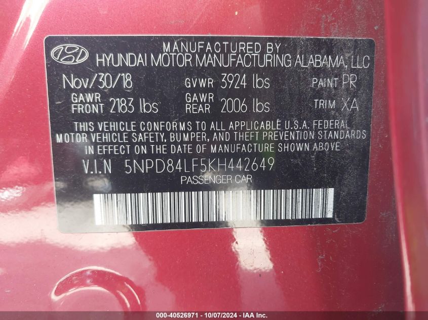 5NPD84LF5KH442649 2019 Hyundai Elantra Sel